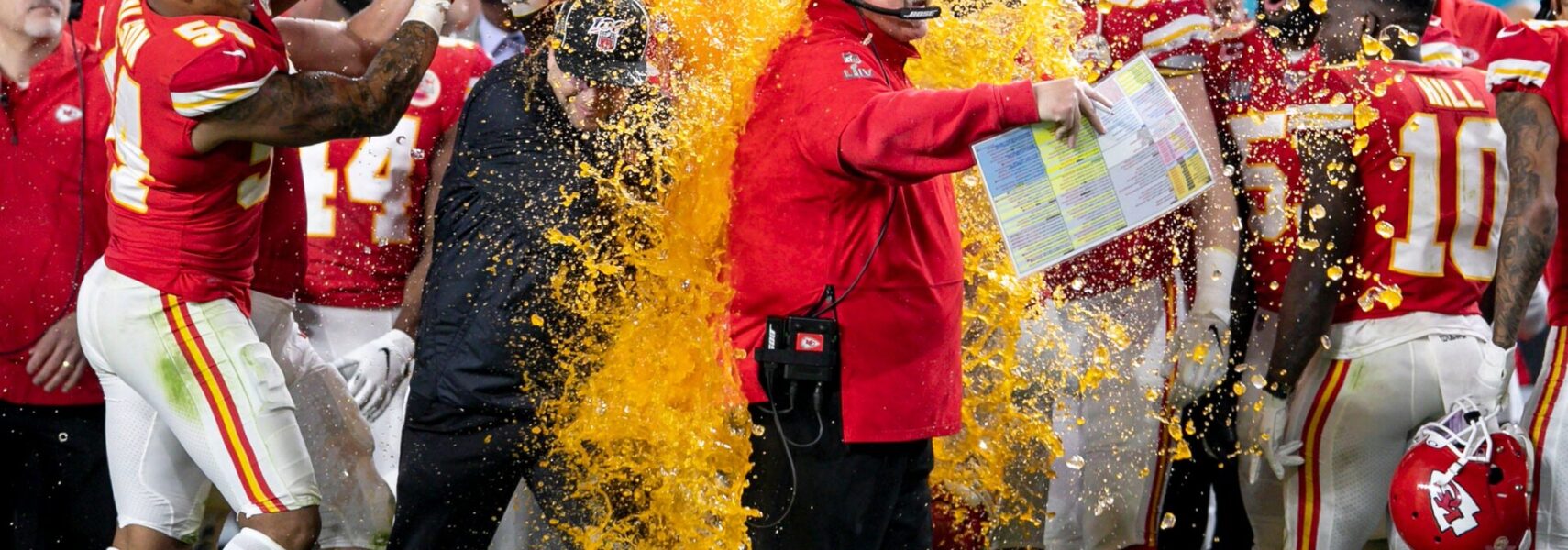 Kansas City Chiefs Head Coach Andy Reid is doused with Gatorade during the closing seconds of Super Bowl LIV at Hard Rock Stadium Feb. 2, 2020 in Miami Gardens. BILL INGRAM/The Palm Beach Post Super Bowl Kansas City Chiefs Vs San Francisco 49ers
