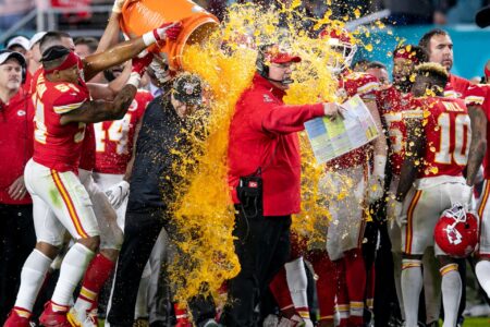 Kansas City Chiefs Head Coach Andy Reid is doused with Gatorade during the closing seconds of Super Bowl LIV at Hard Rock Stadium Feb. 2, 2020 in Miami Gardens. BILL INGRAM/The Palm Beach Post Super Bowl Kansas City Chiefs Vs San Francisco 49ers