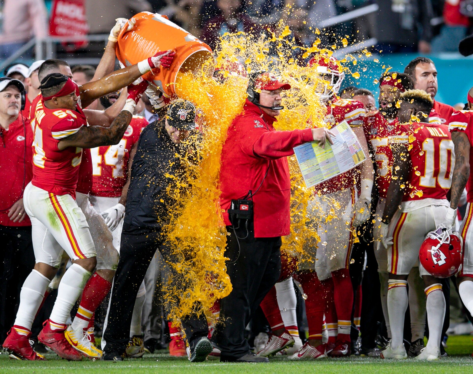Kansas City Chiefs Head Coach Andy Reid is doused with Gatorade during the closing seconds of Super Bowl LIV at Hard Rock Stadium Feb. 2, 2020 in Miami Gardens. BILL INGRAM/The Palm Beach Post Super Bowl Kansas City Chiefs Vs San Francisco 49ers