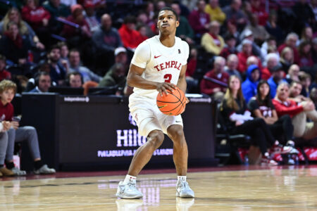Jan 15, 2023; Philadelphia, Pennsylvania, USA; Temple Owls guard Hysier Miller (3) sets up to shoot against the Memphis Tigers in the second half at The Liacouras Center.