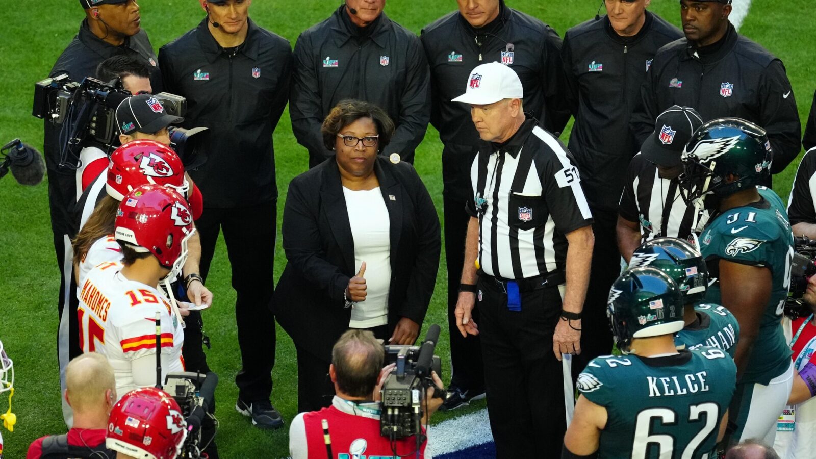 Feb 12, 2023; Glendale, AZ, USA; General view of the coin toss in Super Bowl LVII between the Kansas City Chiefs and Philadelphia Eagles at State Farm Stadium.