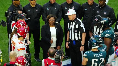 Feb 12, 2023; Glendale, AZ, USA; General view of the coin toss in Super Bowl LVII between the Kansas City Chiefs and Philadelphia Eagles at State Farm Stadium.