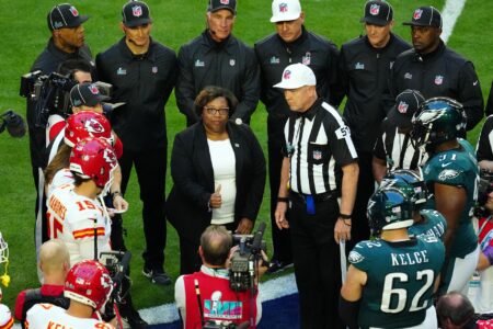 Feb 12, 2023; Glendale, AZ, USA; General view of the coin toss in Super Bowl LVII between the Kansas City Chiefs and Philadelphia Eagles at State Farm Stadium.