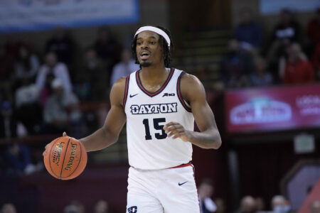 Nov 17, 2023; Charleston, SC, USA;Dayton Flyers forward DaRon Holmes II (15) brings the ball up court in the second half against the St. John's Red Storm at TD Arena.