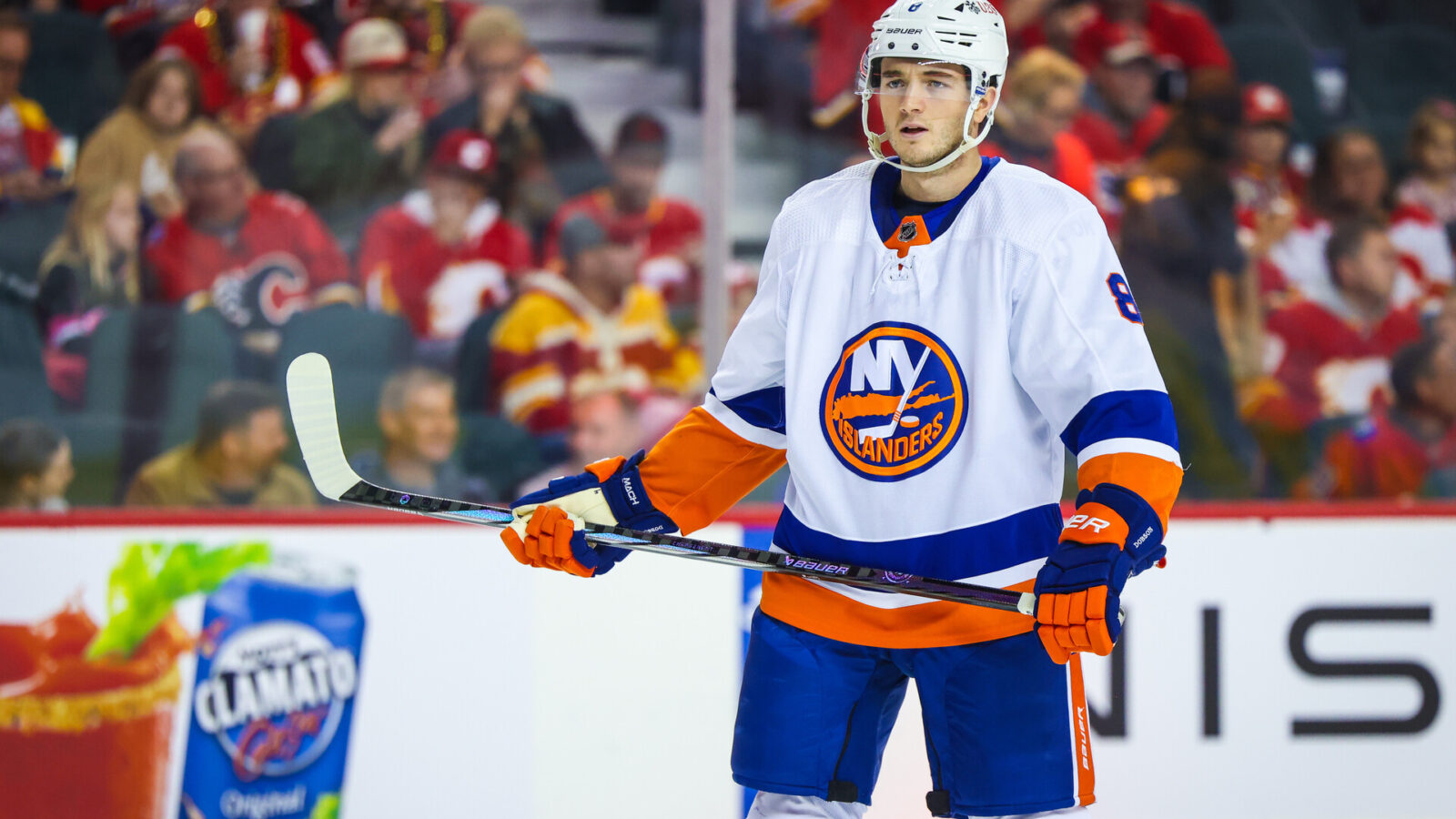 New York Islanders defenseman Noah Dobson (8) during the face off against the Calgary Flames during the first period at Scotiabank Saddledome