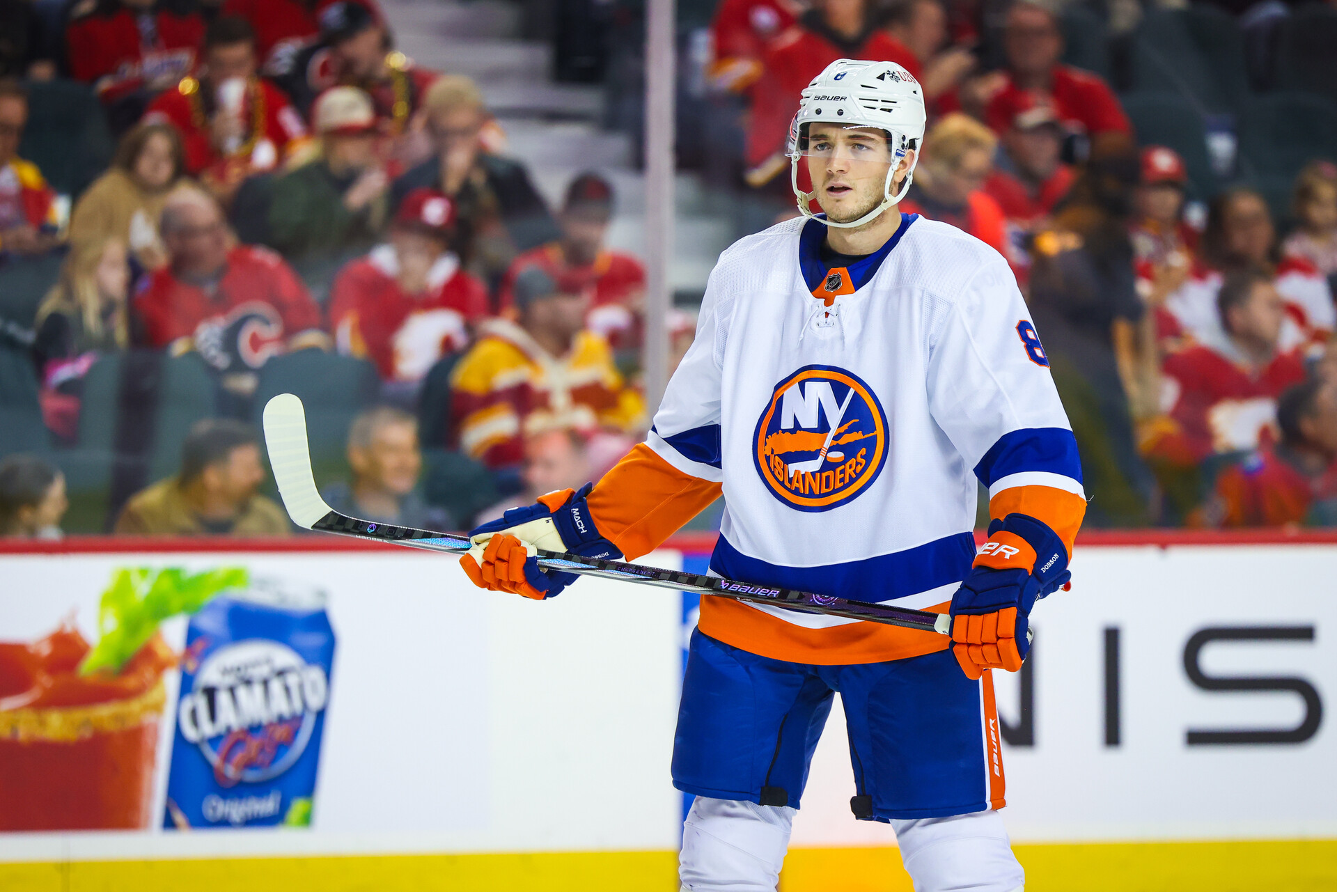 New York Islanders defenseman Noah Dobson (8) during the face off against the Calgary Flames during the first period at Scotiabank Saddledome