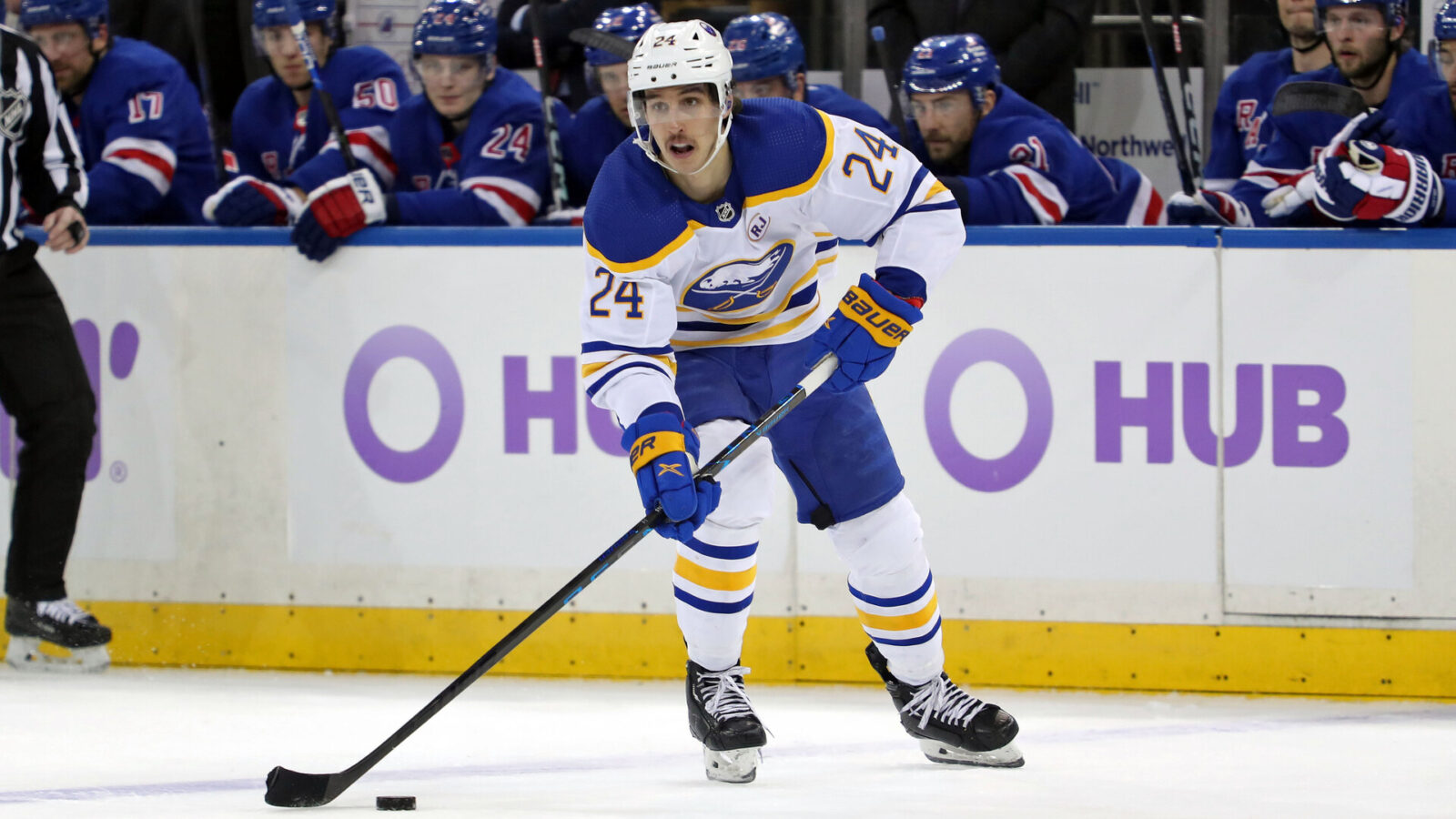 Nov 27, 2023; New York, New York, USA; Buffalo Sabres center Dylan Cozens (24) looks to pass against the New York Rangers during the first period at Madison Square Garden.