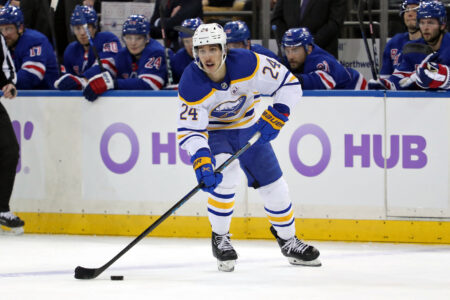 Nov 27, 2023; New York, New York, USA; Buffalo Sabres center Dylan Cozens (24) looks to pass against the New York Rangers during the first period at Madison Square Garden.