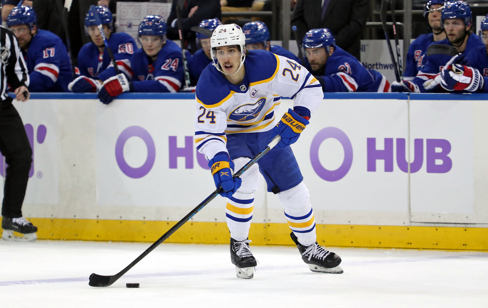 Nov 27, 2023; New York, New York, USA; Buffalo Sabres center Dylan Cozens (24) looks to pass against the New York Rangers during the first period at Madison Square Garden.