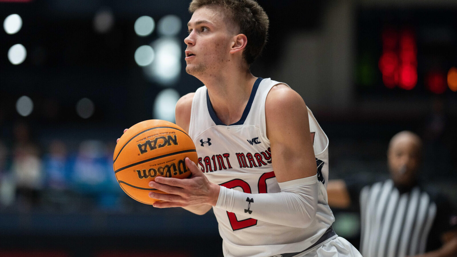 Nov 27, 2023; Moraga, California, USA; St. Mary's Gaels guard Aidan Mahaney (20) prepares to shoot the ball during the second half against the Utah Utes at University Credit Union Pavilion.
