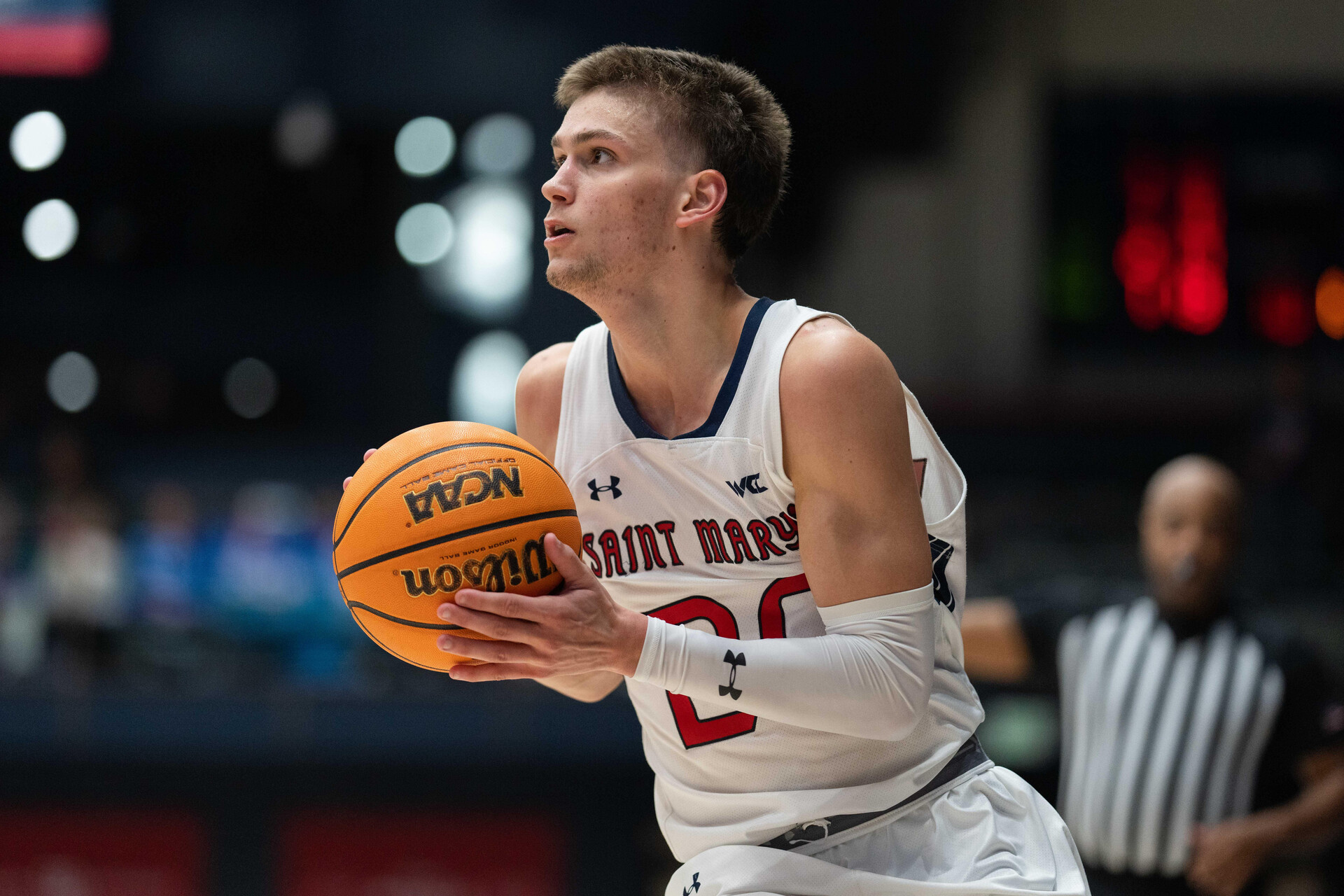 Nov 27, 2023; Moraga, California, USA; St. Mary's Gaels guard Aidan Mahaney (20) prepares to shoot the ball during the second half against the Utah Utes at University Credit Union Pavilion.