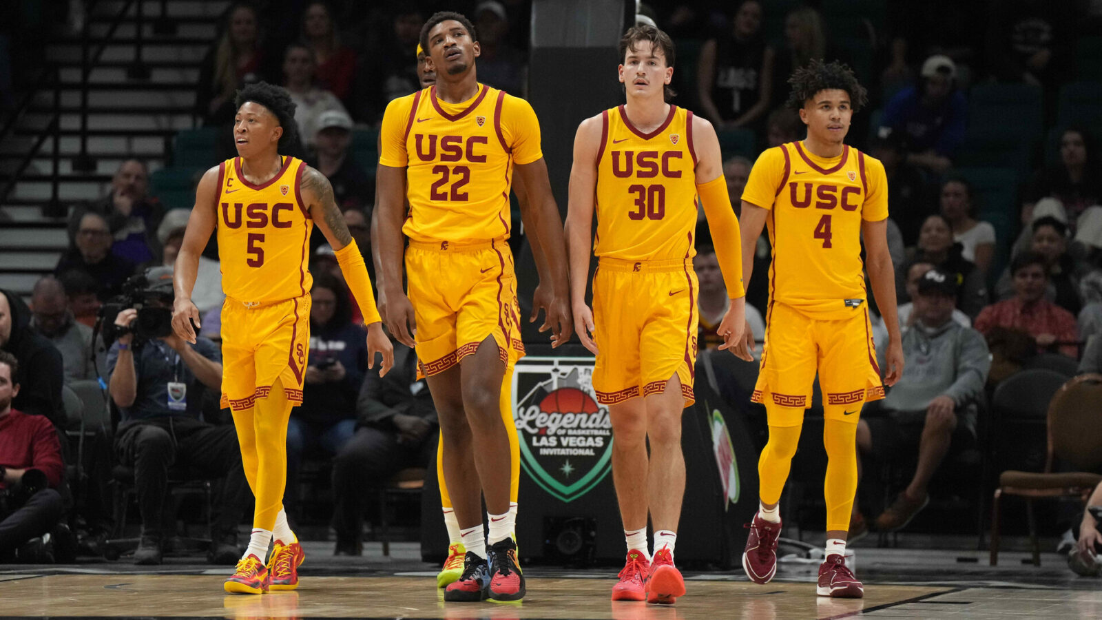 Dec 2, 2023; Las Vegas, Nevada, USA; Southern California Trojans guard Boogie Ellis (5), forward Arrinten Page (22), forward Harrison Hornery (30) and guard Oziyah Sellers (4) react during the Legends of Basketball Las Vegas Invitational against the Gonzaga Bulldogs at MGM Grand Garden Arena.