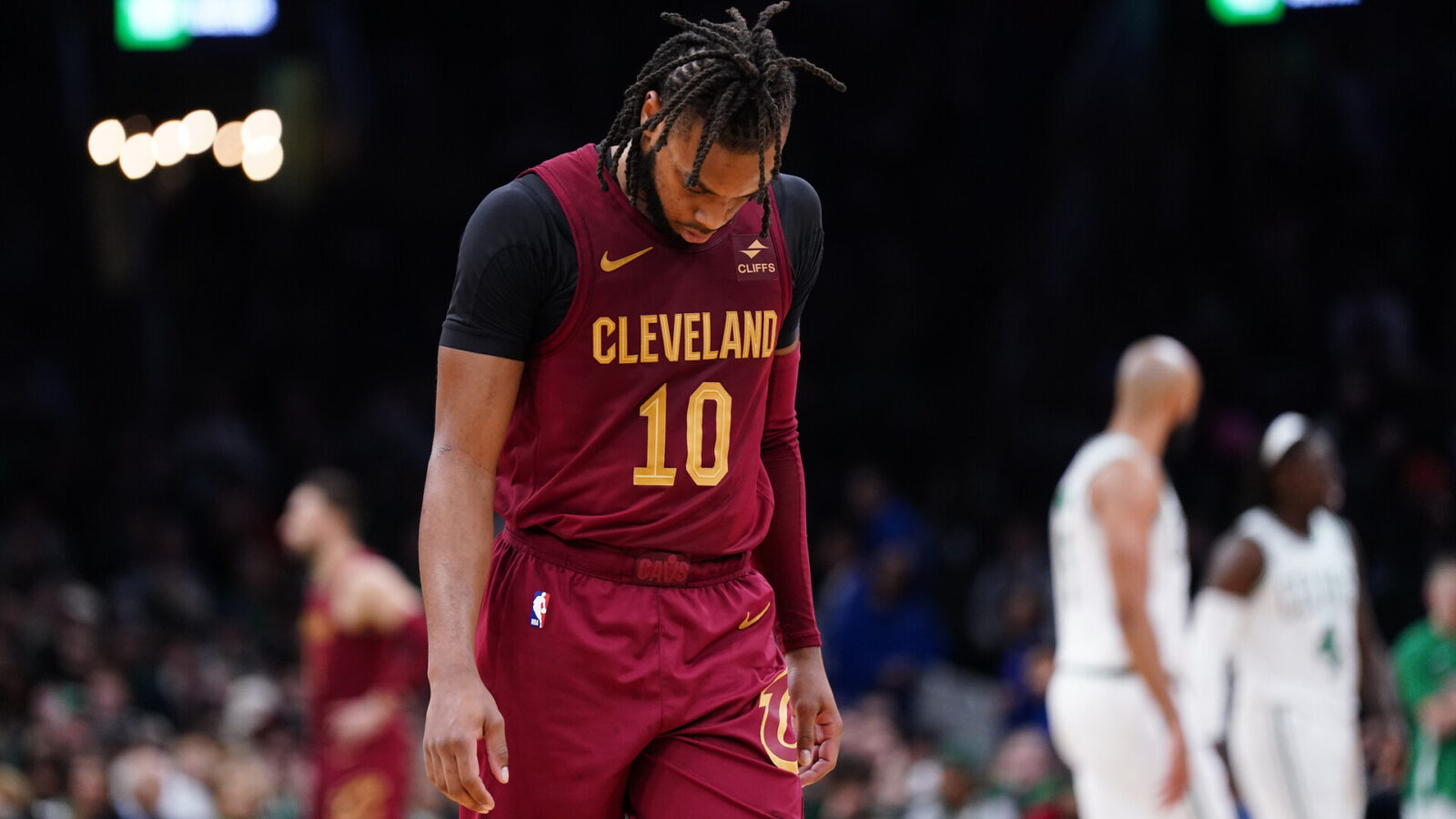 Dec 14, 2023; Boston, Massachusetts, USA; Cleveland Cavaliers guard Darius Garland (10) on the court against the Boston Celtics in the second half at TD Garden.
