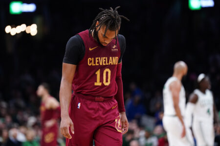 Dec 14, 2023; Boston, Massachusetts, USA; Cleveland Cavaliers guard Darius Garland (10) on the court against the Boston Celtics in the second half at TD Garden.