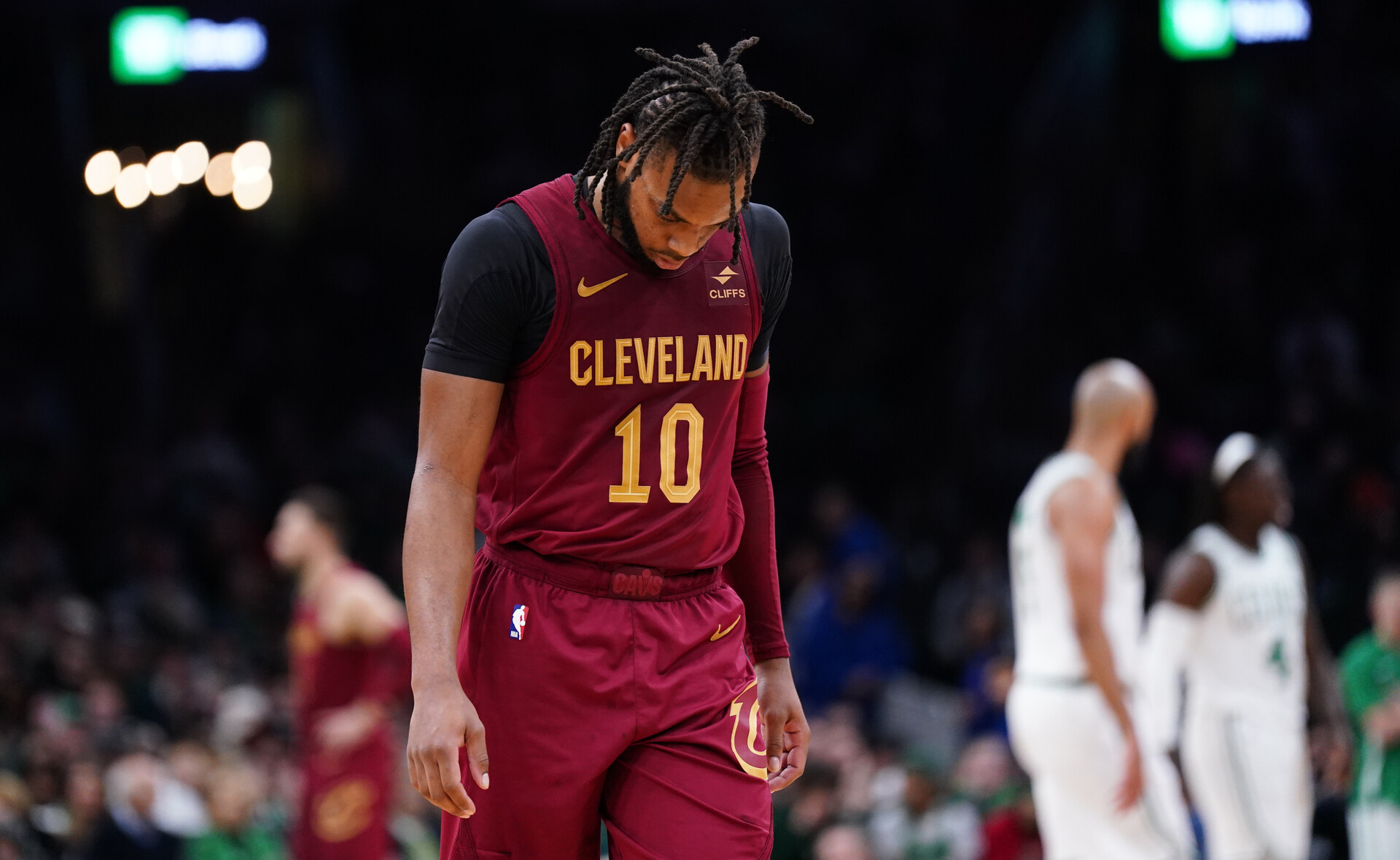 Dec 14, 2023; Boston, Massachusetts, USA; Cleveland Cavaliers guard Darius Garland (10) on the court against the Boston Celtics in the second half at TD Garden.