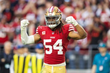 Dec 17, 2023; Glendale, Arizona, USA; San Francisco 49ers linebacker Fred Warner (54) celebrates a play against the Arizona Cardinals at State Farm Stadium.