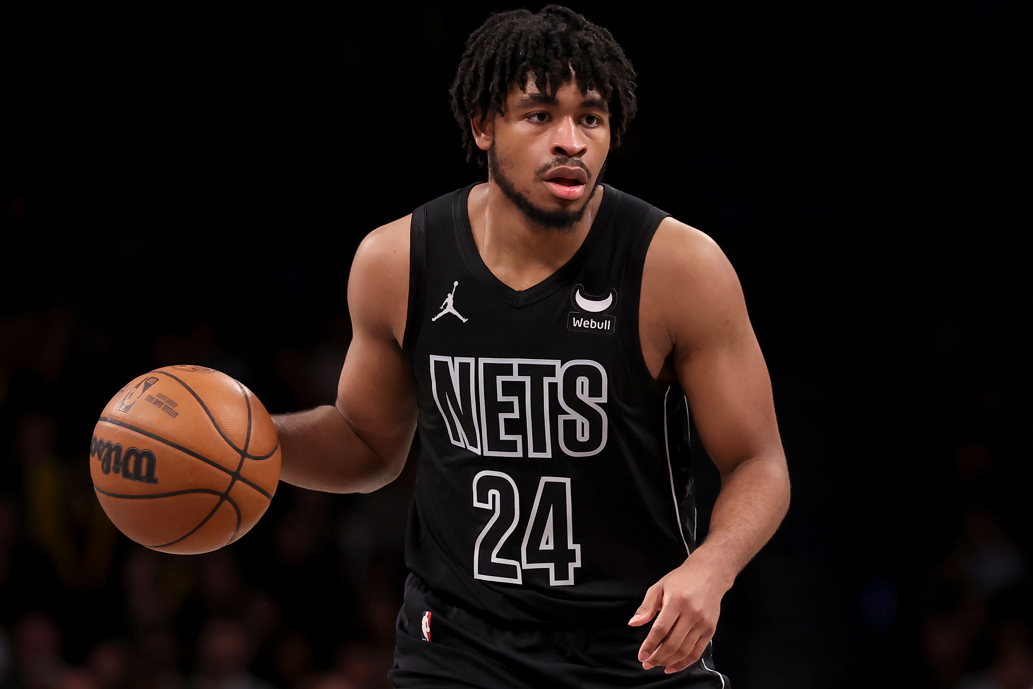 Brooklyn Nets guard Cam Thomas (24) controls the ball against the Denver Nuggets during the fourth quarter at Barclays Center.