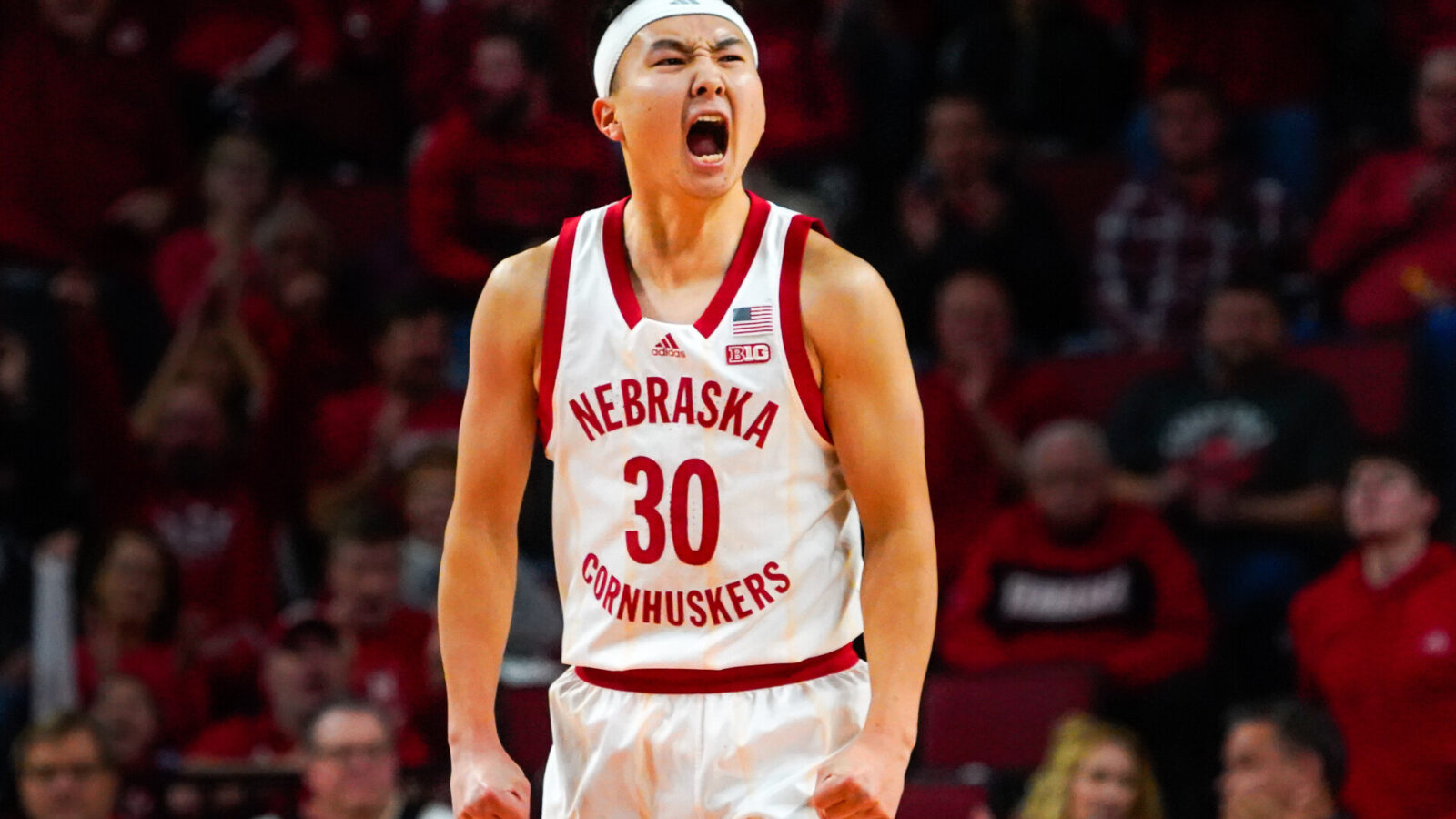 Nebraska Cornhuskers guard Keisei Tominaga (30) celebrates after a 3-pointer against the Indiana Hoosiers during the first half at Pinnacle Bank Arena.