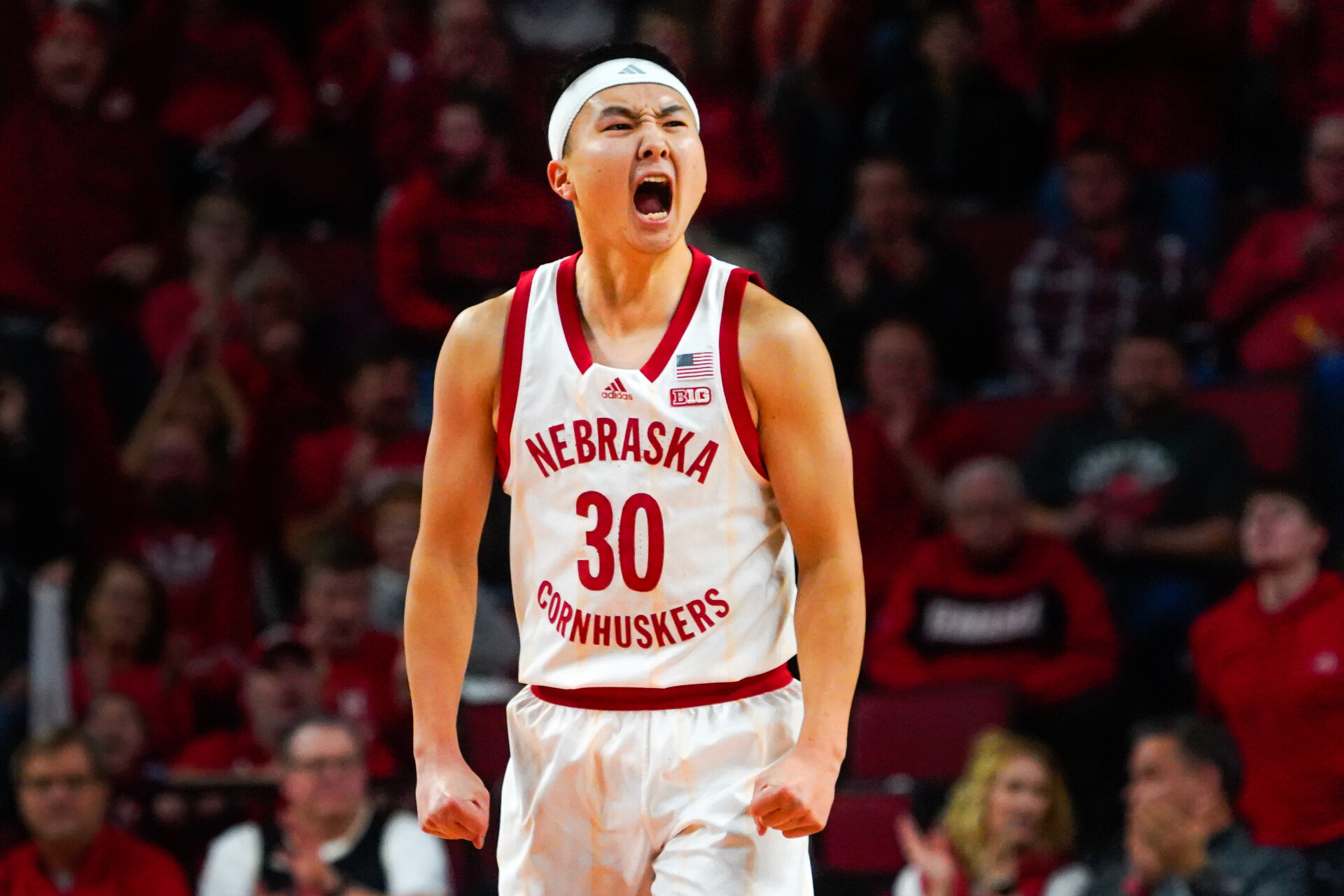 Nebraska Cornhuskers guard Keisei Tominaga (30) celebrates after a 3-pointer against the Indiana Hoosiers during the first half at Pinnacle Bank Arena.