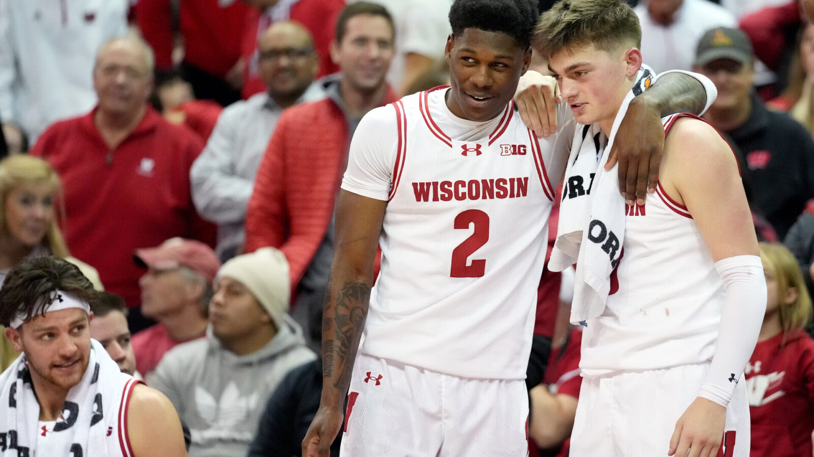 Jan 6, 2024; Madison, Wisconsin, USA; Wisconsin Badgers guard AJ Storr (2) and Wisconsin Badgers guard Connor Essegian (3) look on as the Wisconsin Badgers take on the Nebraska Cornhuskers during the second half at the Kohl Center.