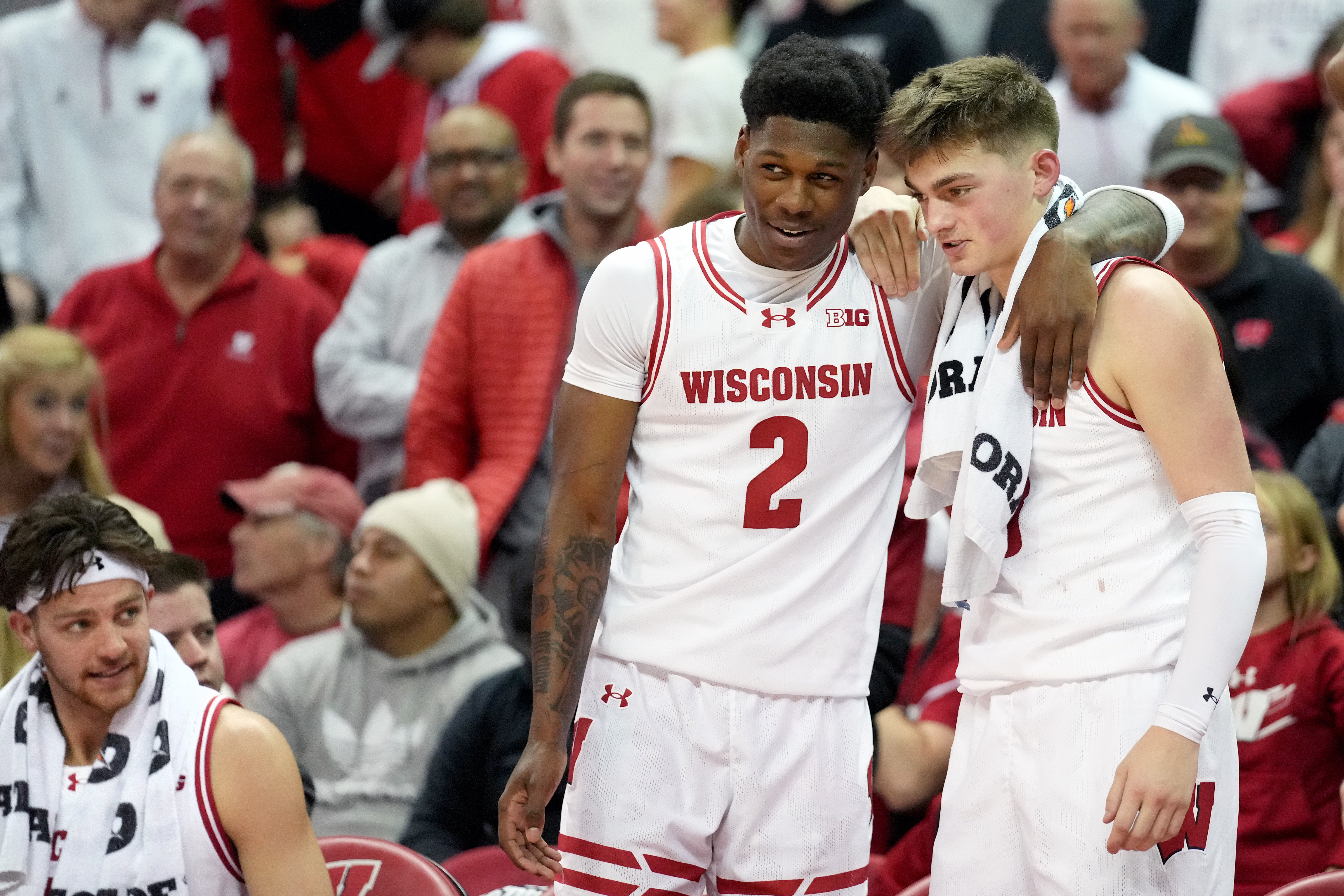 Jan 6, 2024; Madison, Wisconsin, USA; Wisconsin Badgers guard AJ Storr (2) and Wisconsin Badgers guard Connor Essegian (3) look on as the Wisconsin Badgers take on the Nebraska Cornhuskers during the second half at the Kohl Center.