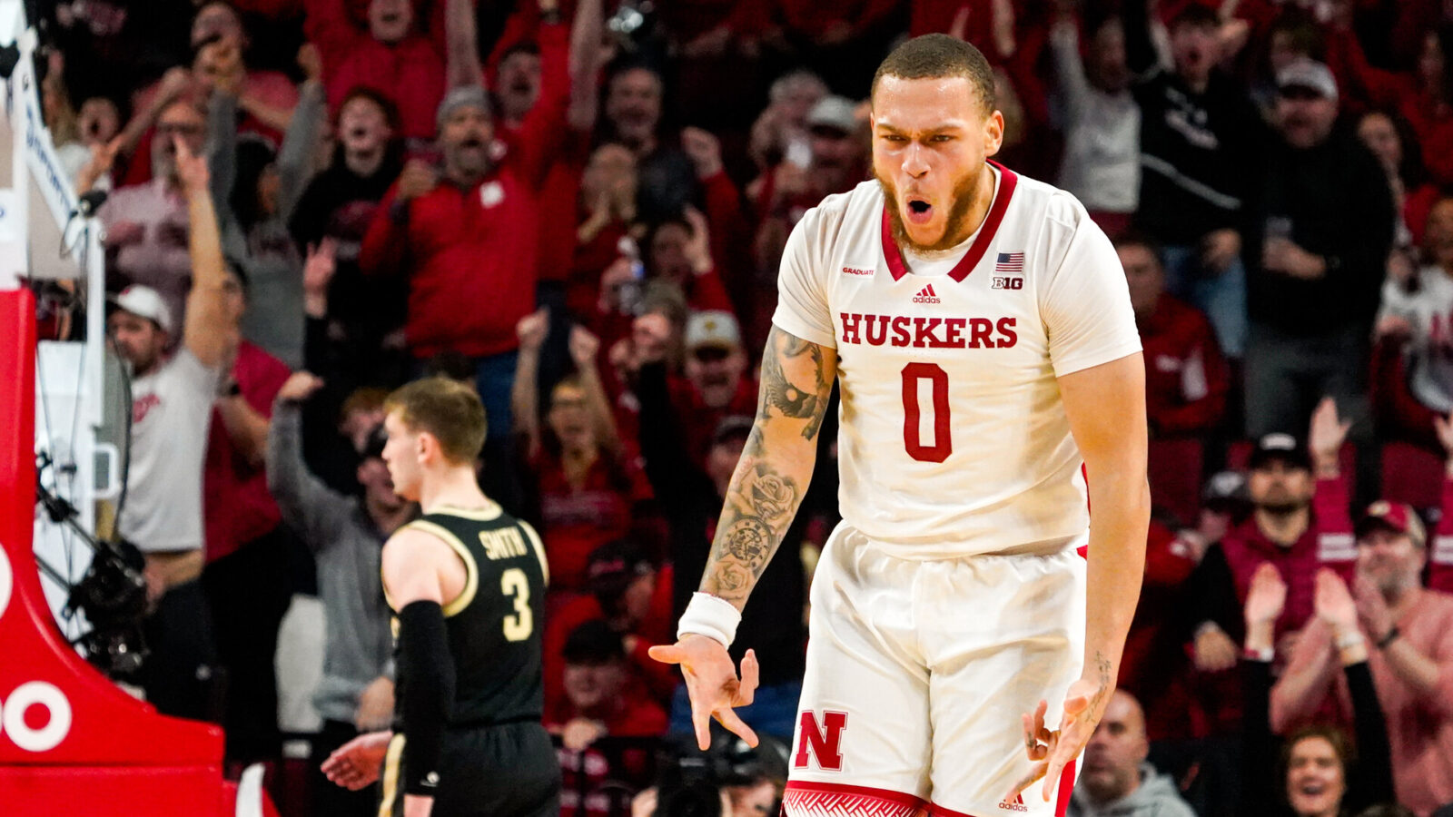 Nebraska Cornhuskers guard C.J. Wilcher (0) celebrates after a 3-pointer against the Purdue Boilermakers during the second half at Pinnacle Bank Arena.