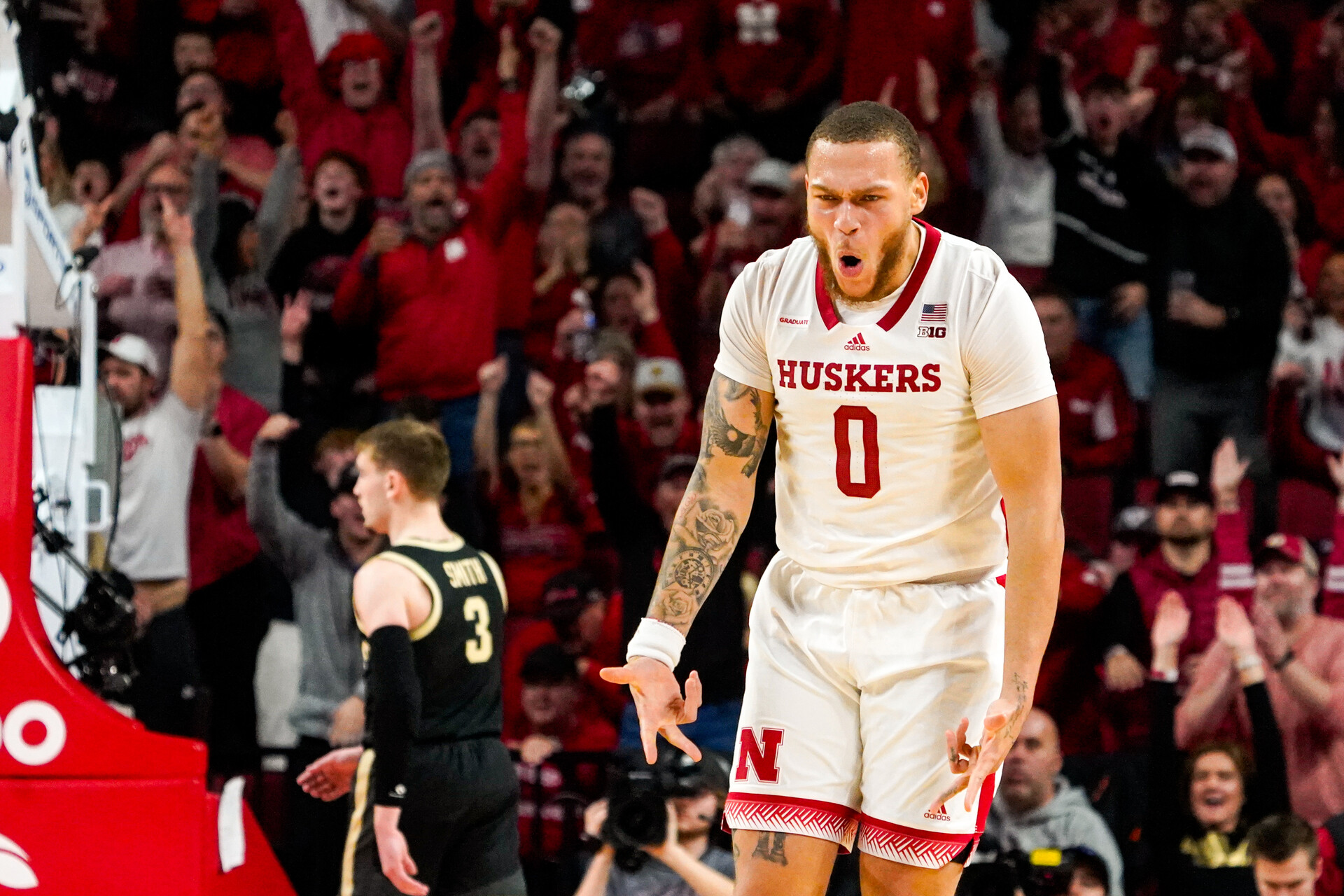 Nebraska Cornhuskers guard C.J. Wilcher (0) celebrates after a 3-pointer against the Purdue Boilermakers during the second half at Pinnacle Bank Arena.