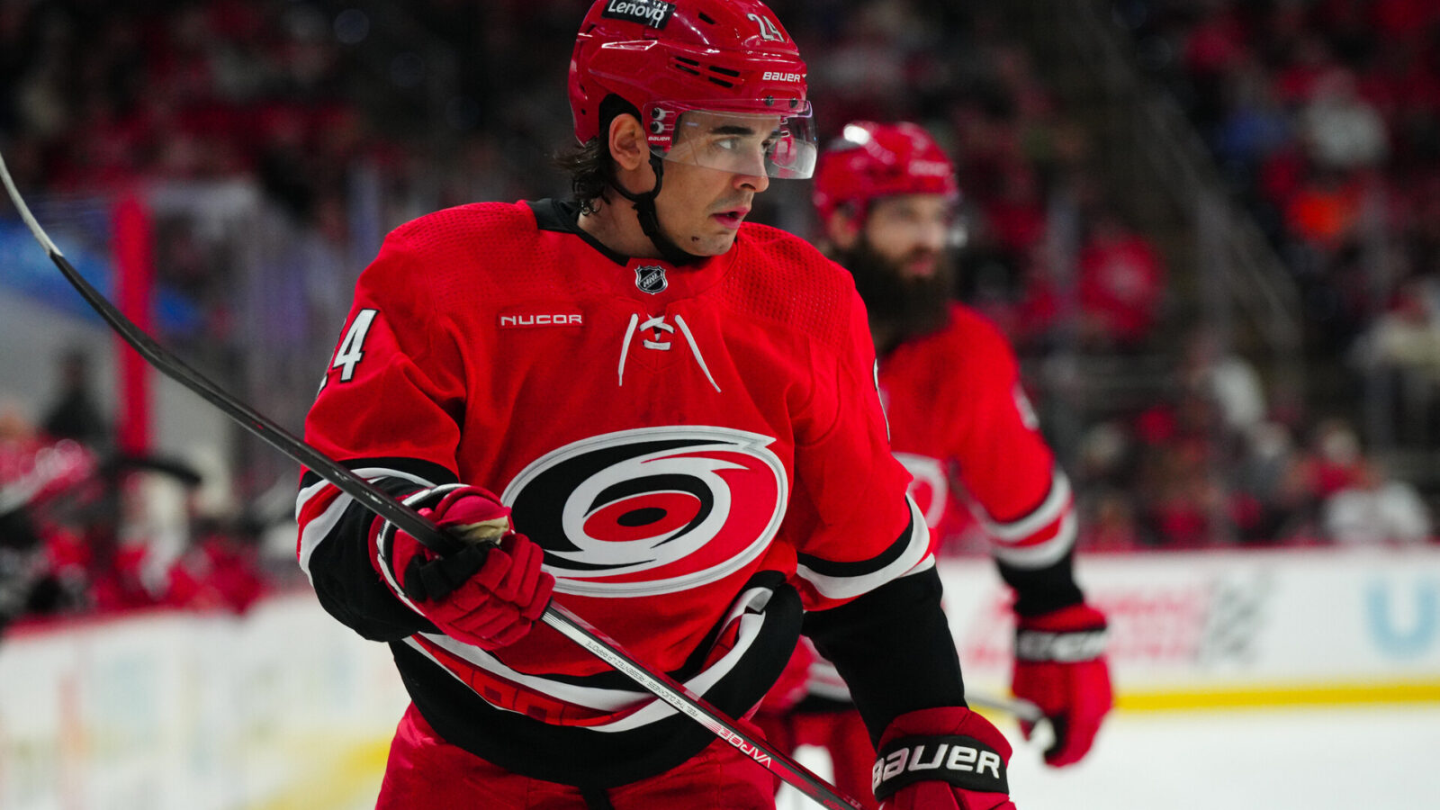 Carolina Hurricanes center Seth Jarvis (24) looks on against the Anaheim Ducks during the first period at PNC Arena.
