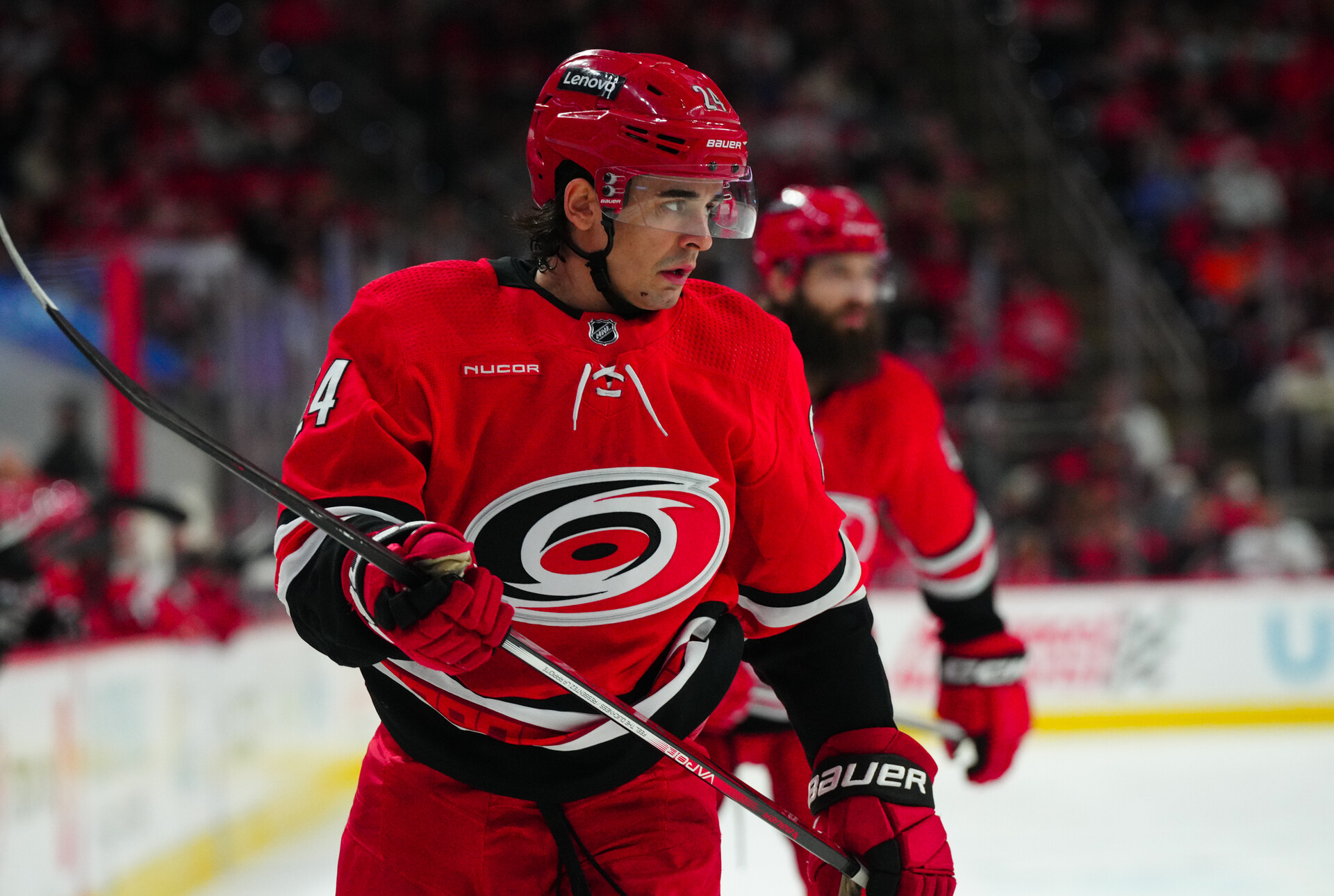 Carolina Hurricanes center Seth Jarvis (24) looks on against the Anaheim Ducks during the first period at PNC Arena.