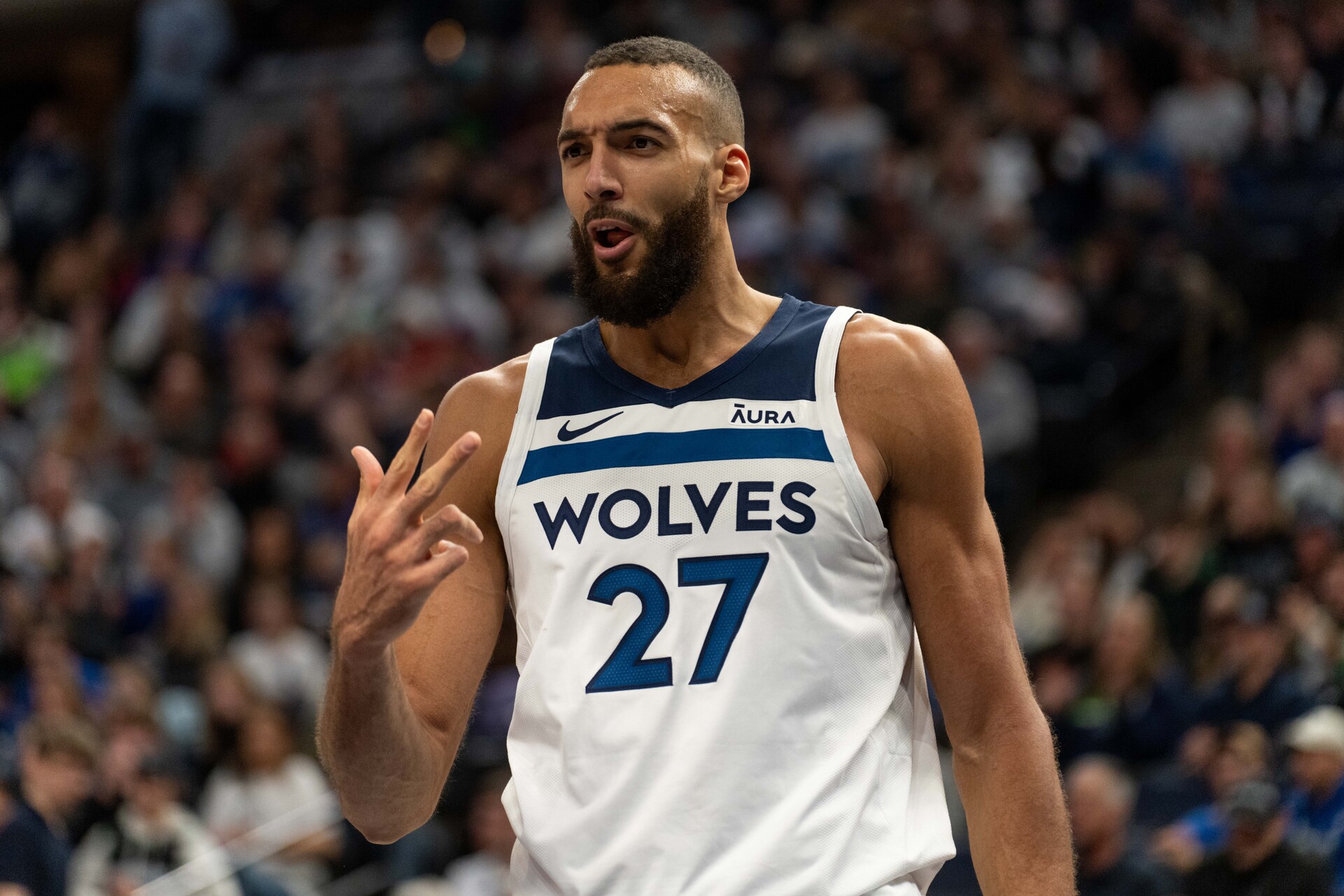 Minnesota Timberwolves center Rudy Gobert (27) talks with the officials in the third quarter against the Portland Trail Blazers at Target Center.