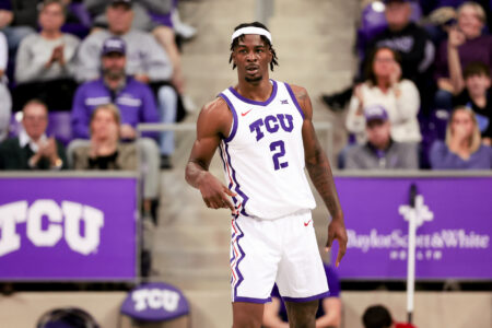 Jan 13, 2024; Fort Worth, Texas, USA; TCU Horned Frogs forward Emanuel Miller (2) reacts during the first half against the Houston Cougars at Ed and Rae Schollmaier Arena.