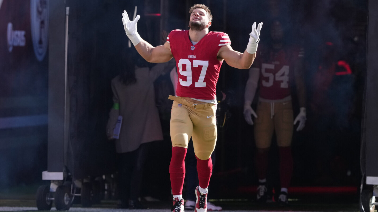 Jan 7, 2024; Santa Clara, California, USA; San Francisco 49ers defensive end Nick Bosa (97) before the game against the Los Angeles Rams at Levi's Stadium.