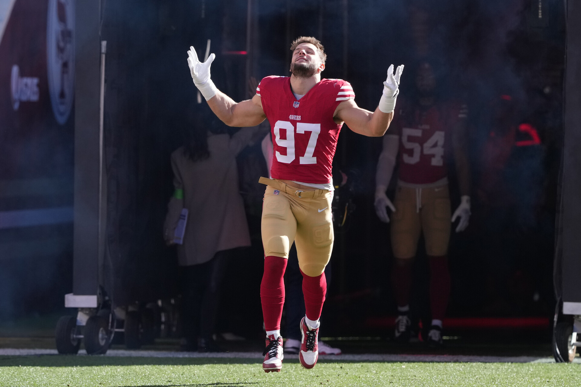 Jan 7, 2024; Santa Clara, California, USA; San Francisco 49ers defensive end Nick Bosa (97) before the game against the Los Angeles Rams at Levi's Stadium.