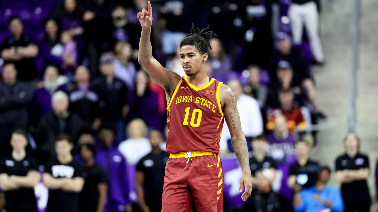 Jan 20, 2024; Fort Worth, Texas, USA; Iowa State Cyclones guard Keshon Gilbert (10) reacts during the second half against the TCU Horned Frogs at Ed and Rae Schollmaier Arena.