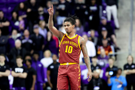 Jan 20, 2024; Fort Worth, Texas, USA; Iowa State Cyclones guard Keshon Gilbert (10) reacts during the second half against the TCU Horned Frogs at Ed and Rae Schollmaier Arena.