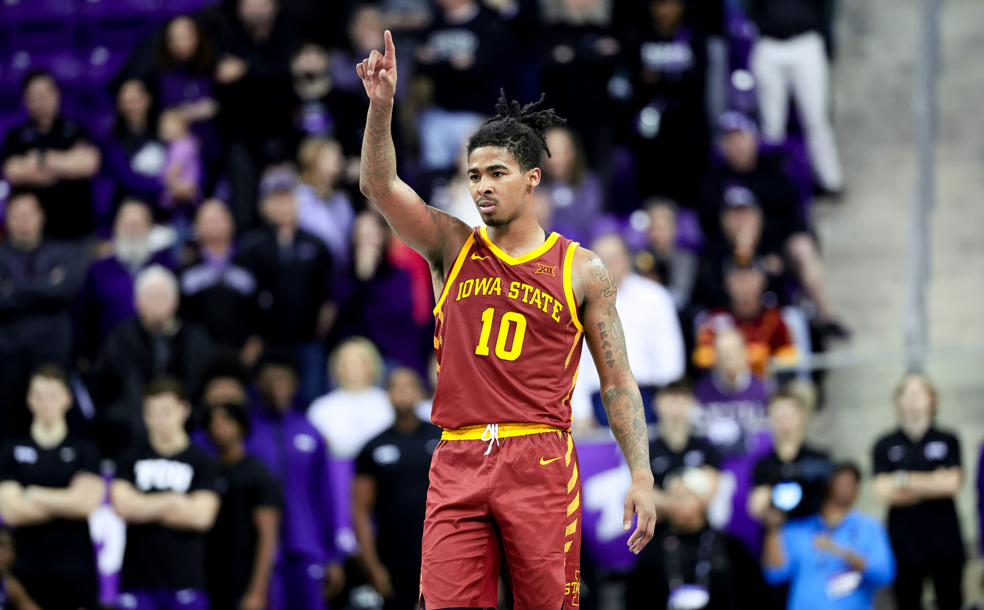 Jan 20, 2024; Fort Worth, Texas, USA; Iowa State Cyclones guard Keshon Gilbert (10) reacts during the second half against the TCU Horned Frogs at Ed and Rae Schollmaier Arena.