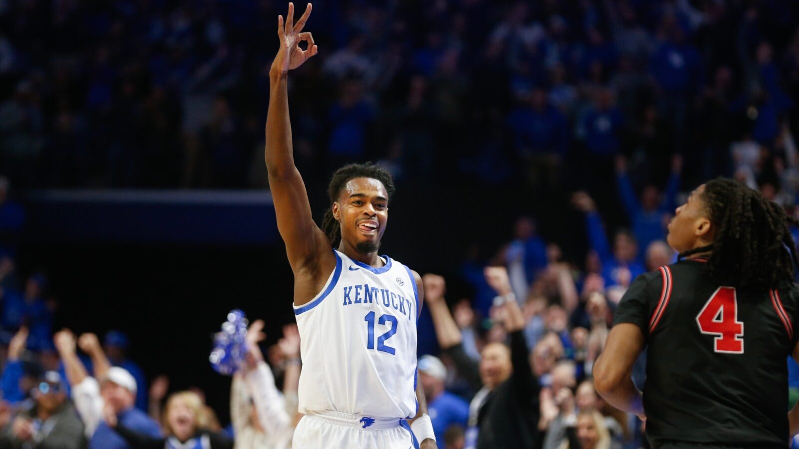 Kentucky’s Antonio Reeves celebrates making a three against Georgia’s Silas Demary Jr Saturday night at Rupp Arena. Jan. 20, 2024