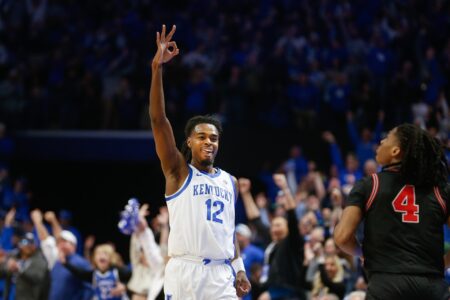 Kentucky’s Antonio Reeves celebrates making a three against Georgia’s Silas Demary Jr Saturday night at Rupp Arena. Jan. 20, 2024