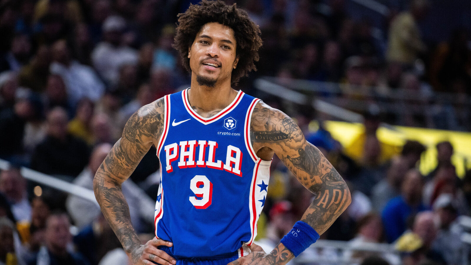Philadelphia 76ers guard Kelly Oubre Jr. (9) looks on in the first half against the Indiana Pacers at Gainbridge Fieldhouse.