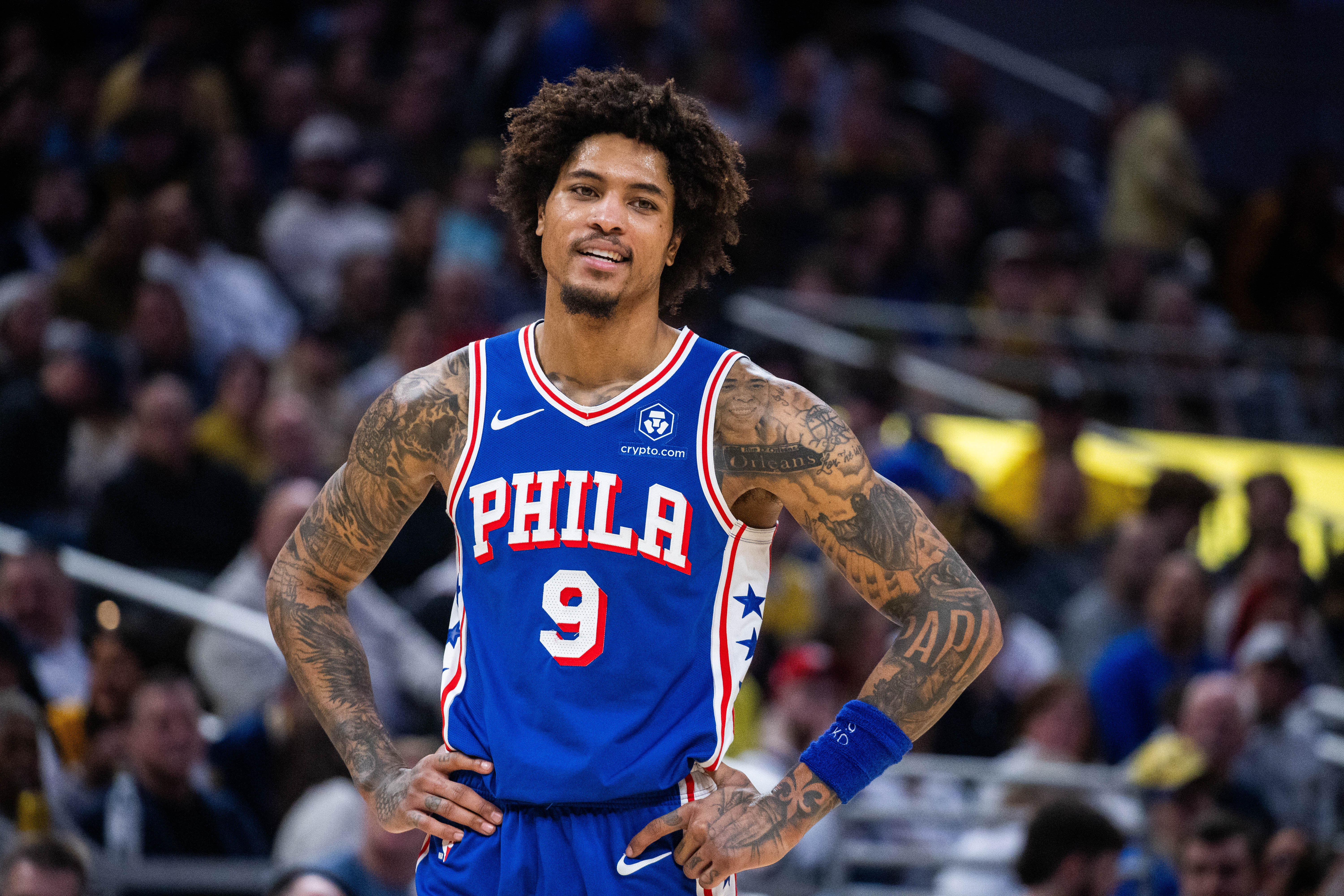 Philadelphia 76ers guard Kelly Oubre Jr. (9) looks on in the first half against the Indiana Pacers at Gainbridge Fieldhouse.
