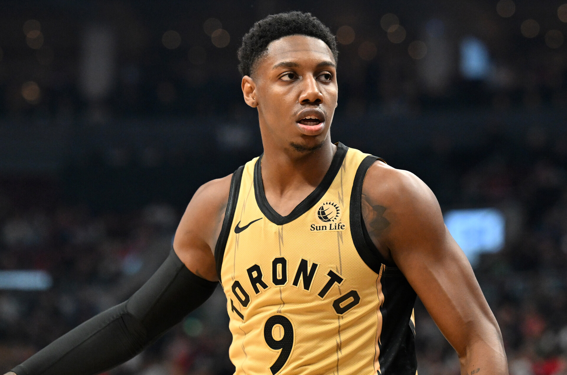 Toronto Raptors guard RJ Barrett (9) prepares for play to resume in the first half against the Los Angeles Clippers at Scotiabank Arena.