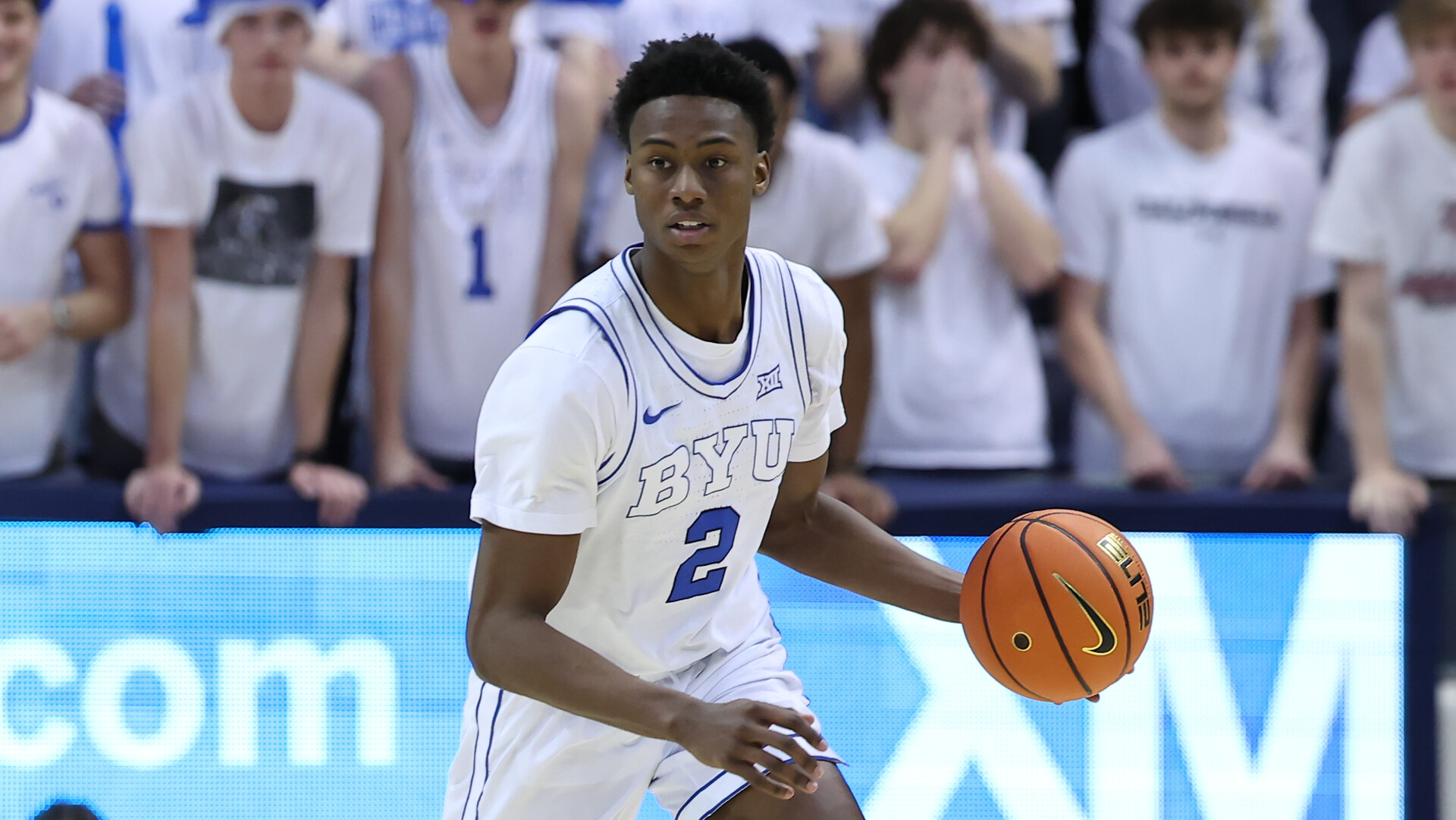 Jan 27, 2024; Provo, Utah, USA; Brigham Young Cougars guard Jaxson Robinson (2) brings the ball up the court against the Texas Longhorns during the second half at Marriott Center.