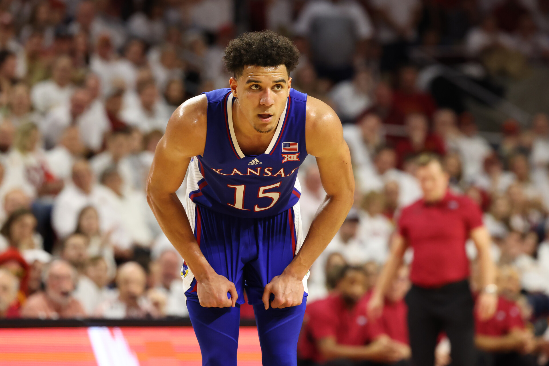 Feb 4, 2023; Ames, Iowa, USA; Kansas Jayhawks guard Kevin McCullar Jr. (15) reacts during a game against the Iowa State Cyclones at James H. Hilton Coliseum.