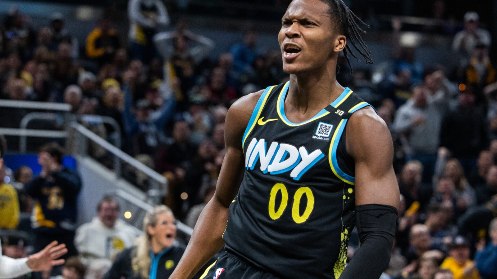 Indiana Pacers guard Bennedict Mathurin (00) celebrates a made shot in the second half against the Memphis Grizzlies at Gainbridge Fieldhouse.