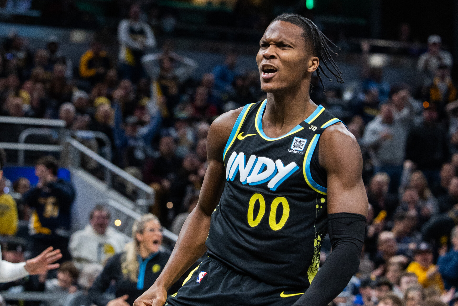 Indiana Pacers guard Bennedict Mathurin (00) celebrates a made shot in the second half against the Memphis Grizzlies at Gainbridge Fieldhouse.
