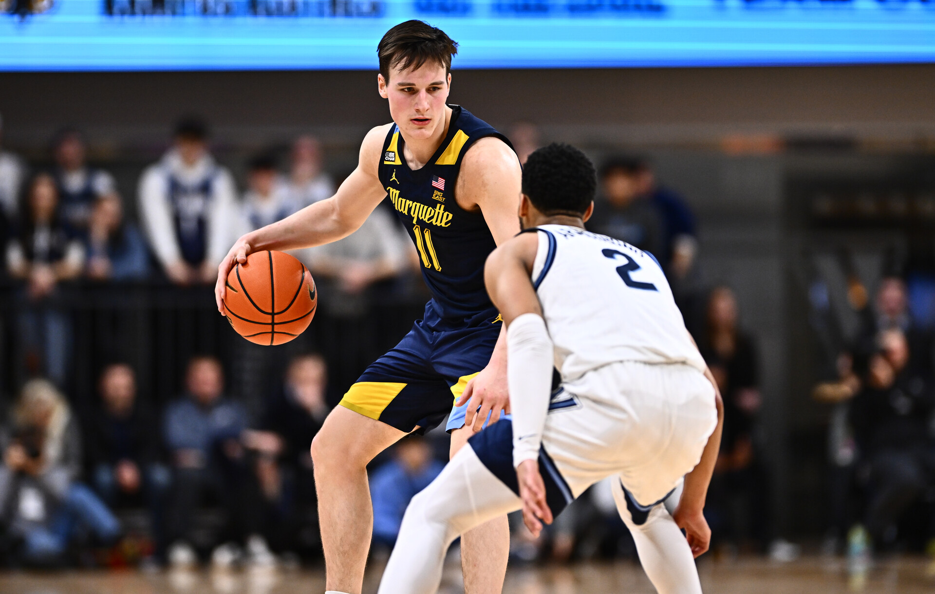 Jan 30, 2024; Villanova, Pennsylvania, USA; Marquette Golden Eagles guard Tyler Kolek (11) controls the ball against Villanova Wildcats guard Mark Armstrong (2) in the second half at William B. Finneran Pavilion.