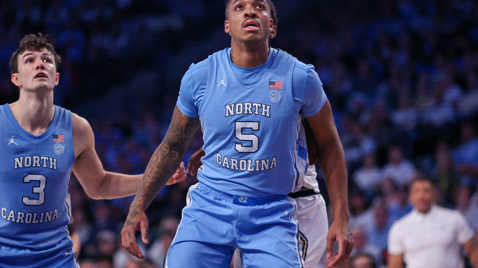 North Carolina Tar Heels forward Armando Bacot (5) boxes out against the Georgia Tech Yellow Jackets in the second half at McCamish Pavilion.