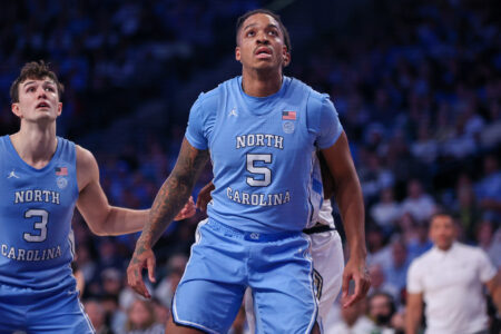 North Carolina Tar Heels forward Armando Bacot (5) boxes out against the Georgia Tech Yellow Jackets in the second half at McCamish Pavilion.