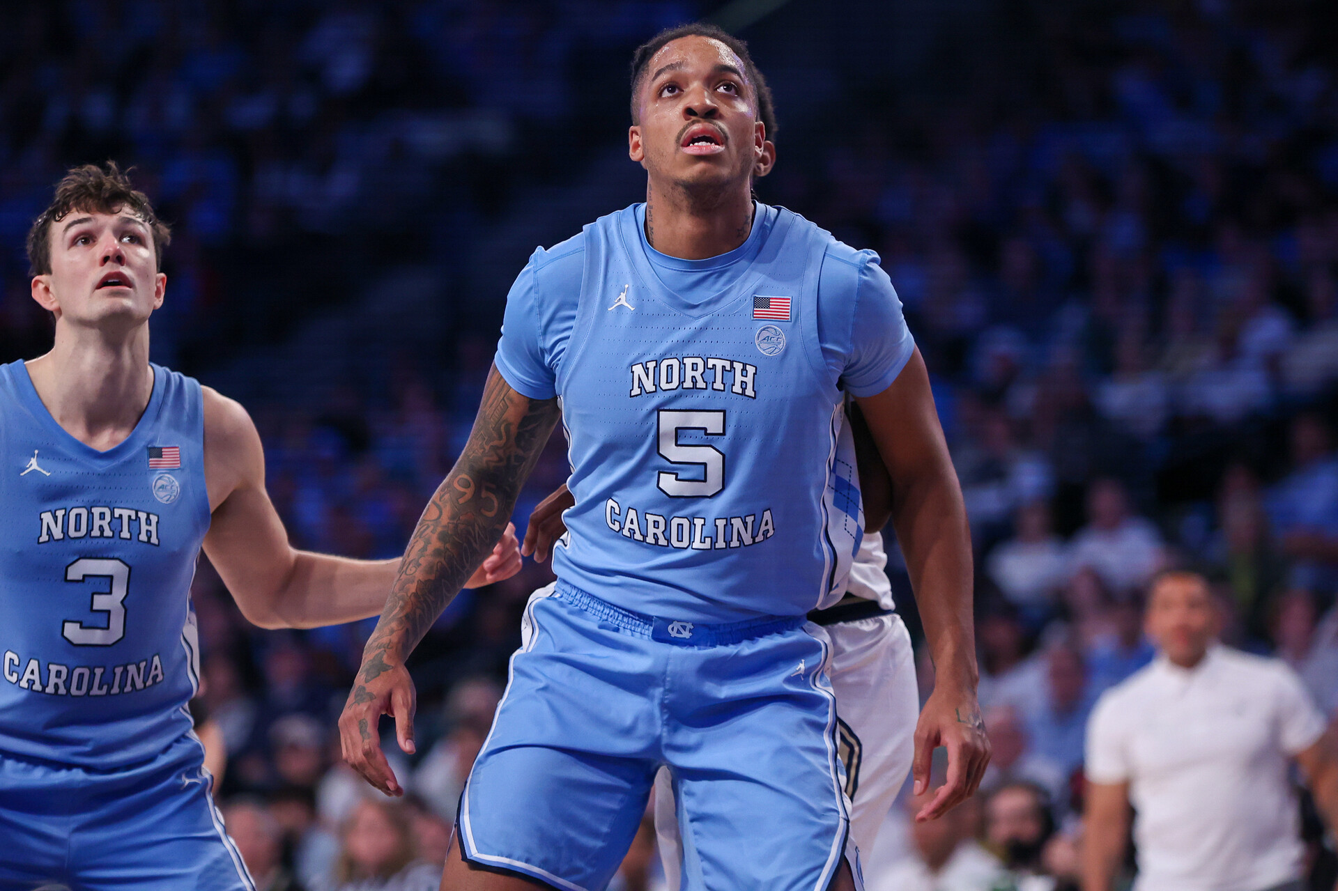 North Carolina Tar Heels forward Armando Bacot (5) boxes out against the Georgia Tech Yellow Jackets in the second half at McCamish Pavilion.