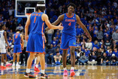 Jan 31, 2024; Lexington, Kentucky, USA; Florida Gators forward Tyrese Samuel (4) celebrates with guard Walter Clayton Jr. (1) during overtime against the Kentucky Wildcats at Rupp Arena at Central Bank Center.
